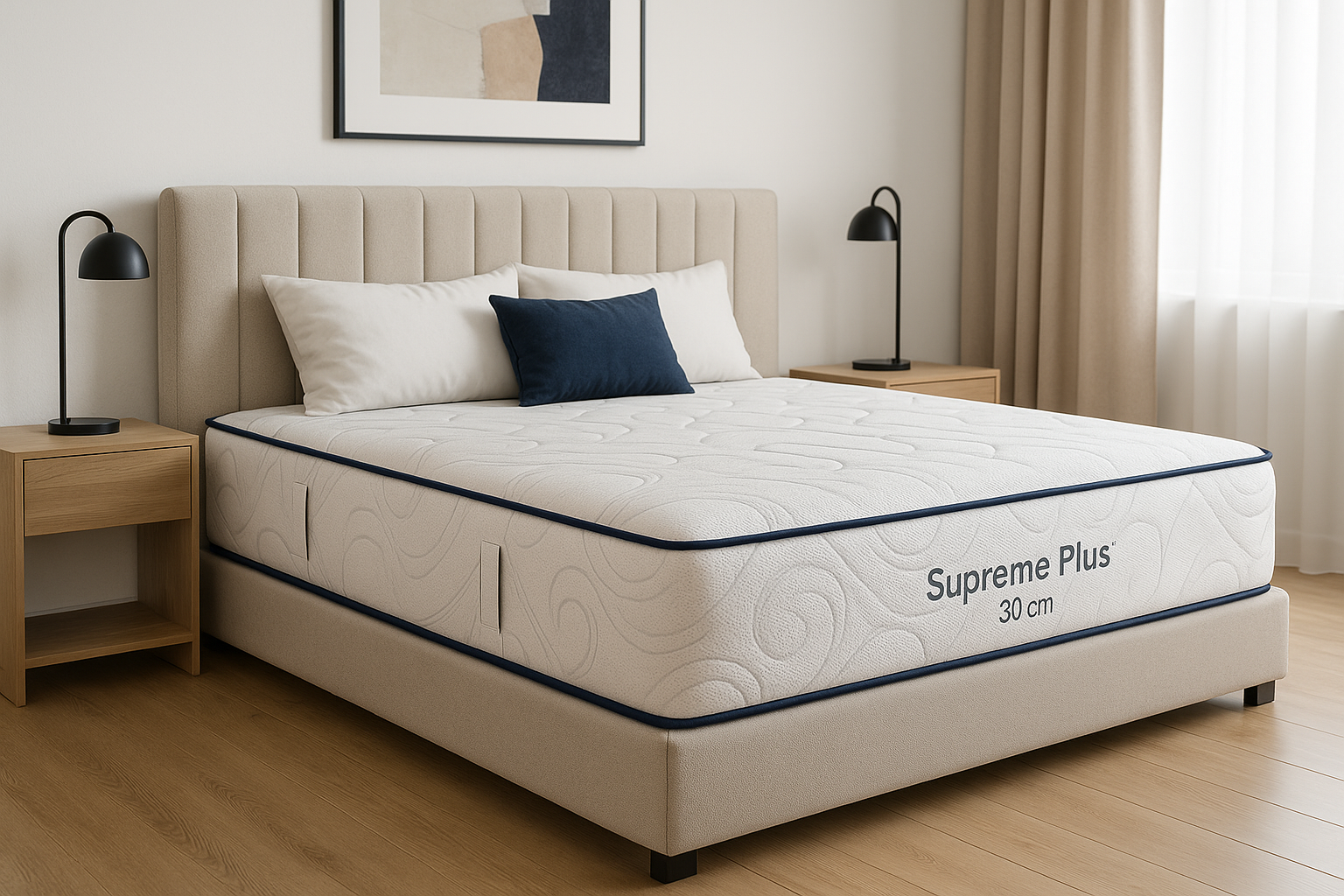 Saltea SuperOrtopedica Supreme Memory, 27 cm, cu arcuri tip RELAXA și strat de memory, pe un pat într-un dormitor luminos
