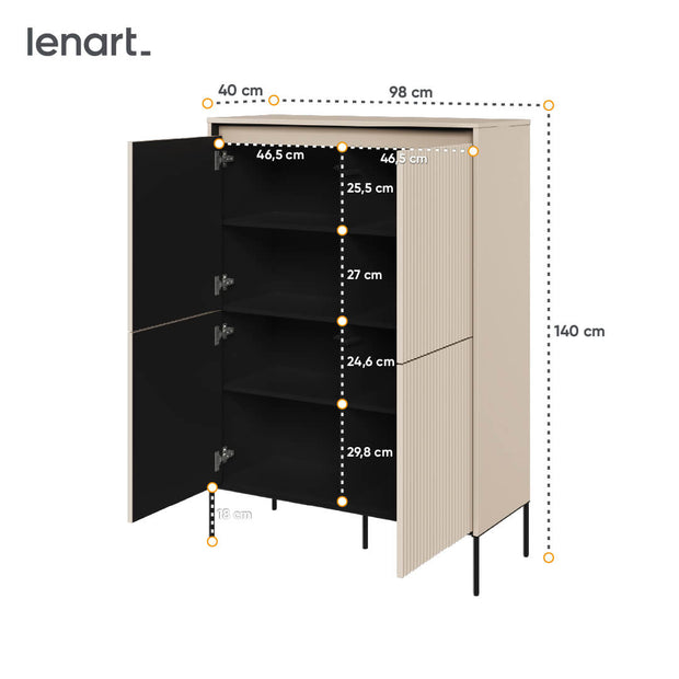 Lenart Cabinet din MDF si metal, cu 4 usi si LED inclus, Trend TR-03 V2 Bej / Negru, l98xA40xH140 cm
