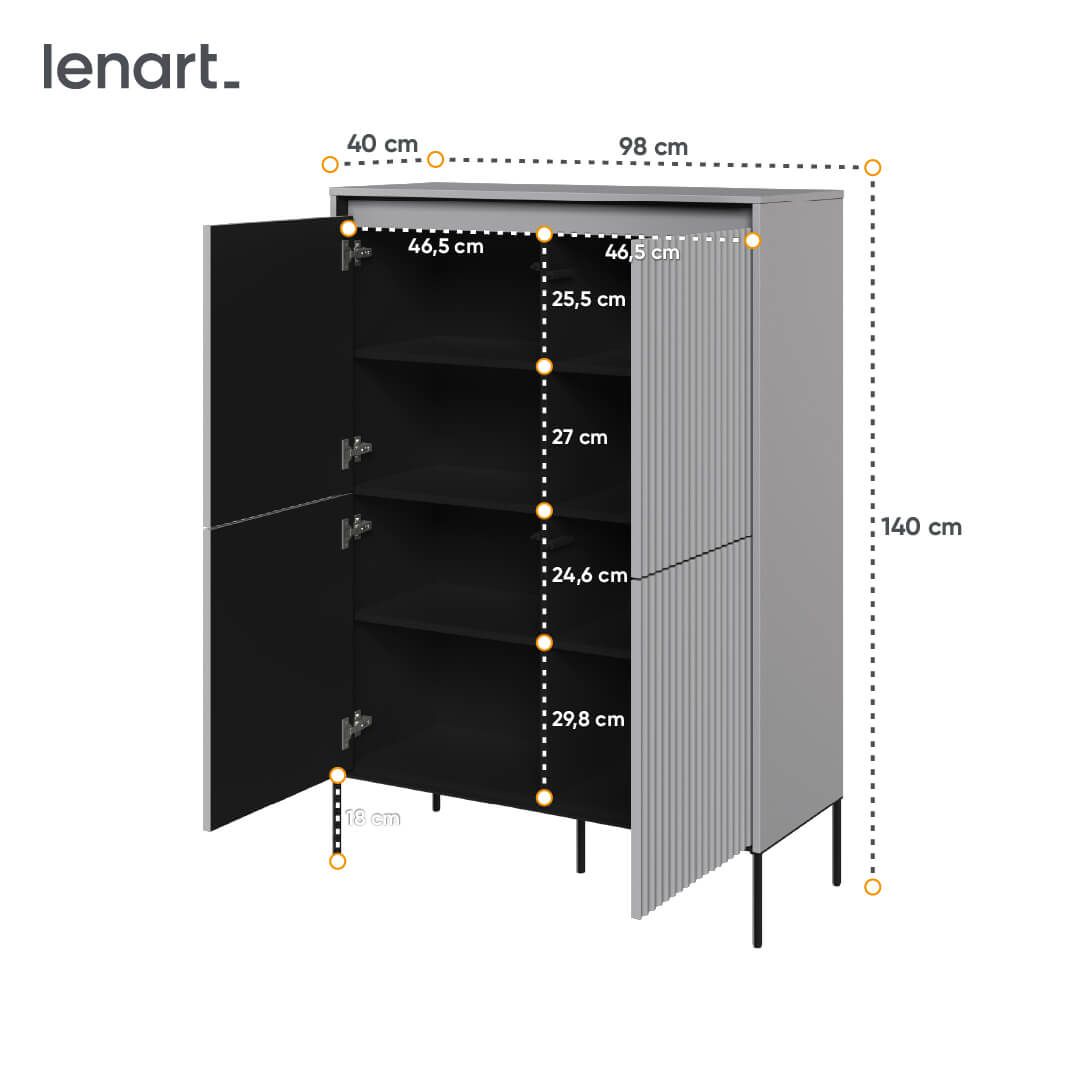 Lenart Cabinet din MDF si metal, cu 4 usi si LED inclus, Trend TR-03 V2 Gri / Negru, l98xA40xH140 cm