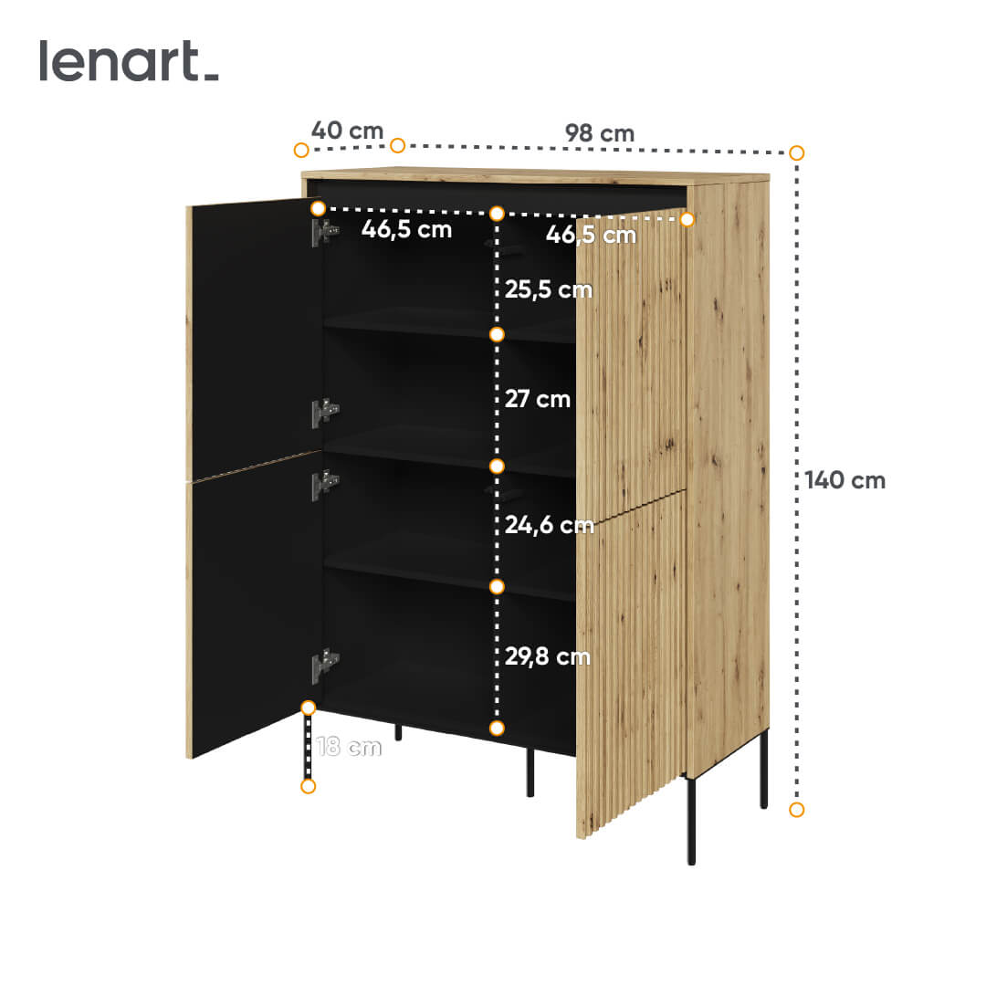 Lenart Cabinet din MDF si metal, cu 4 usi si LED inclus, Trend TR-03 V2 Stejar Artisan / Negru, l98xA40xH140 cm