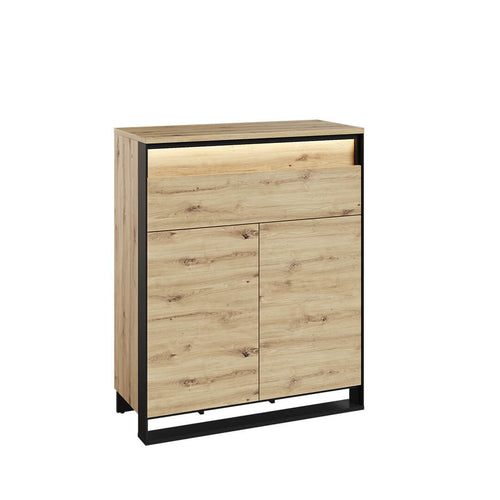 Lenart Cabinet din pal si MDF, cu 2 usi si 2 sertare, cu LED inclus, Quant QG-02 Stejar Artisan / Negru, l92xA40xH113 cm