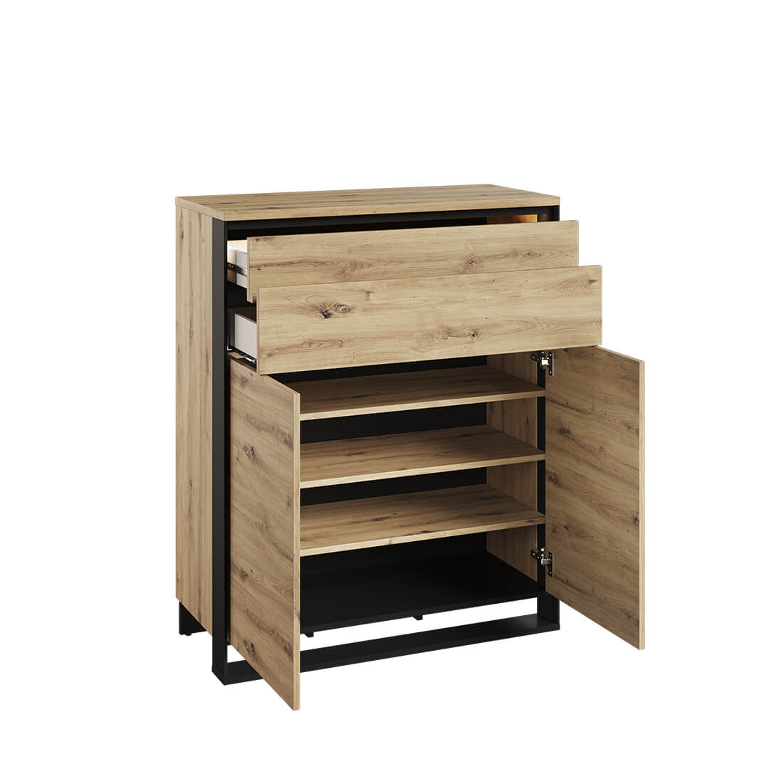 Lenart Cabinet din pal si MDF, cu 2 usi si 2 sertare, cu LED inclus, Quant QG-02 Stejar Artisan / Negru, l92xA40xH113 cm