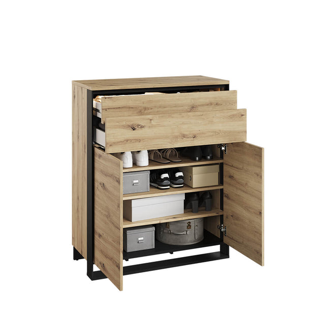 Lenart Cabinet din pal si MDF, cu 2 usi si 2 sertare, cu LED inclus, Quant QG-02 Stejar Artisan / Negru, l92xA40xH113 cm