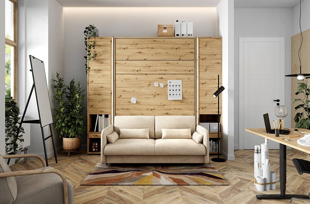 Lenart Canapea Fixa BC18 Bej Boucle, 2 Locuri, pentru Pat rabatabil pe perete 200 x 140 cm Bed Concept Vertical Stejar Artisan, l164xA93xH74 cm