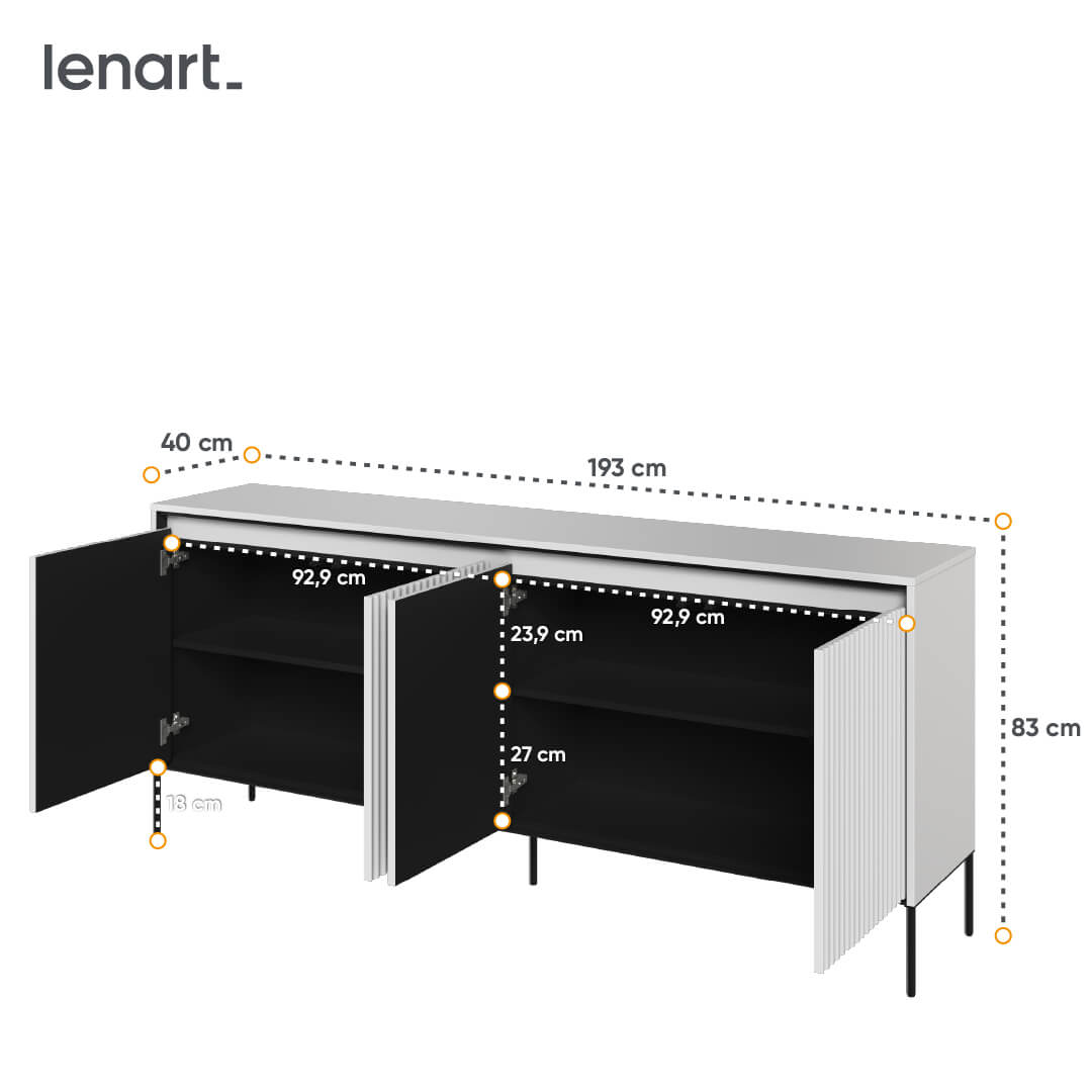 Lenart Comoda din MDF si metal, cu 4 usi si LED inclus, Trend TR-04 V2 Alb / Negru, l193xA40xH83 cm