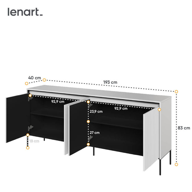 Lenart Comoda din MDF si metal, cu 4 usi si LED inclus, Trend TR-04 V2 Alb / Negru, l193xA40xH83 cm