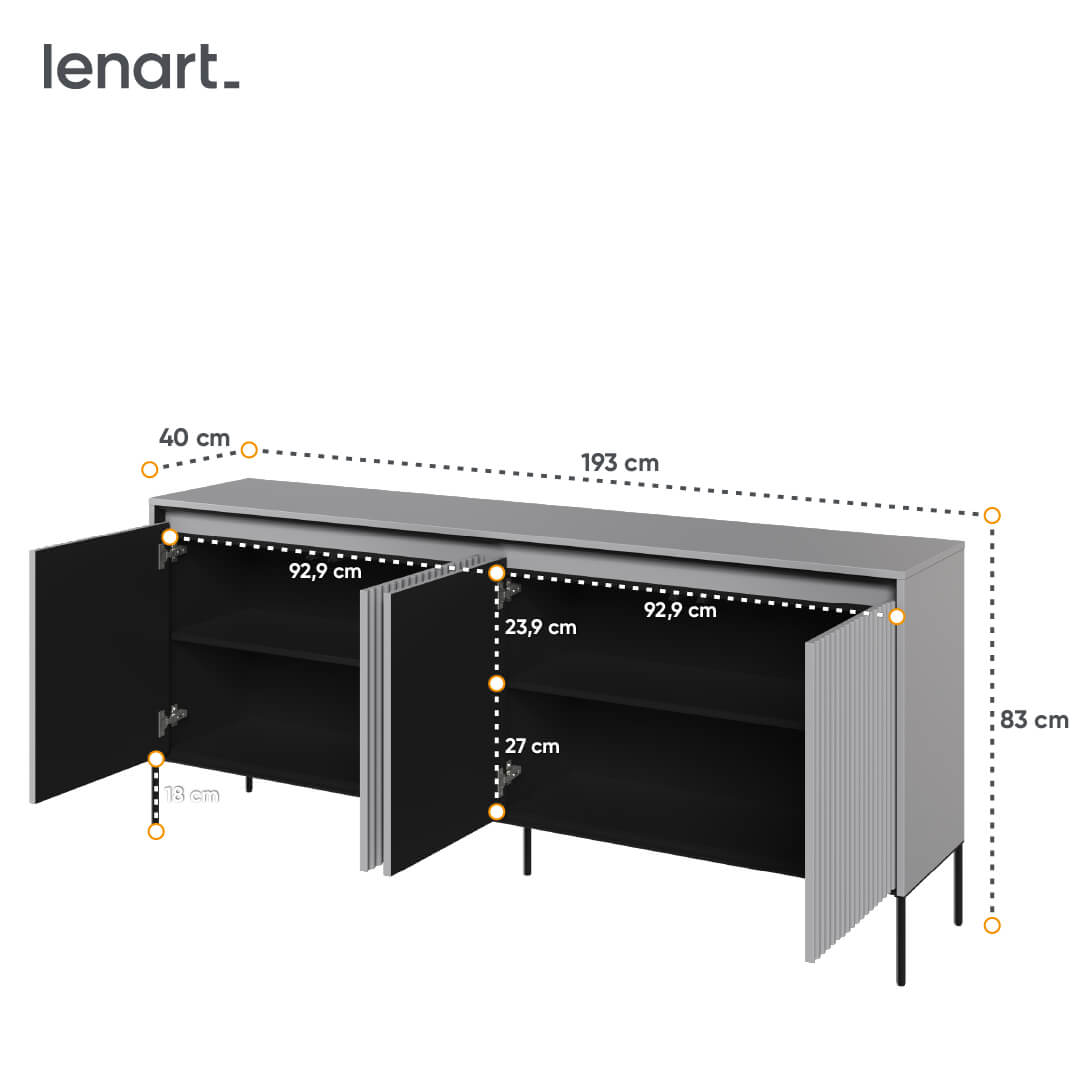 Lenart Comoda din MDF si metal, cu 4 usi si LED inclus, Trend TR-04 V2 Gri / Negru, l193xA40xH83 cm