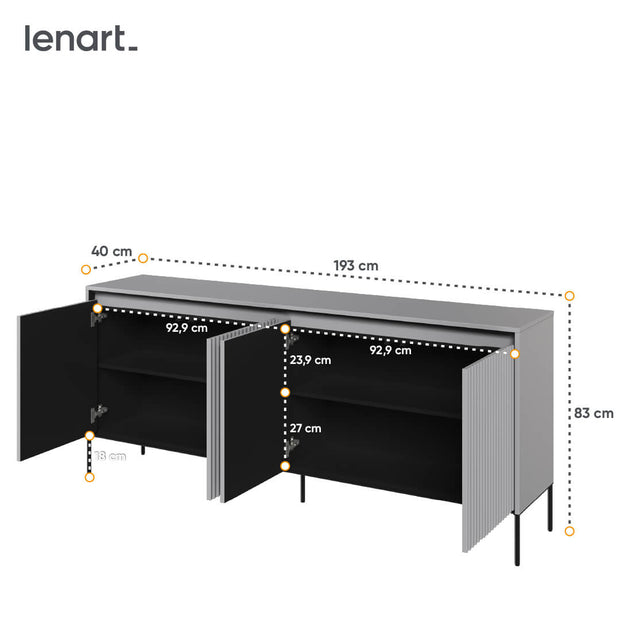 Lenart Comoda din MDF si metal, cu 4 usi si LED inclus, Trend TR-04 V2 Gri / Negru, l193xA40xH83 cm