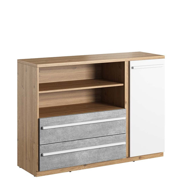 Comoda din pal, cu 1 usa si 2 sertare, pentru copii si tineret, Plano 05 Stejar / Gri / Alb, l125xA41xH91 cm (2)