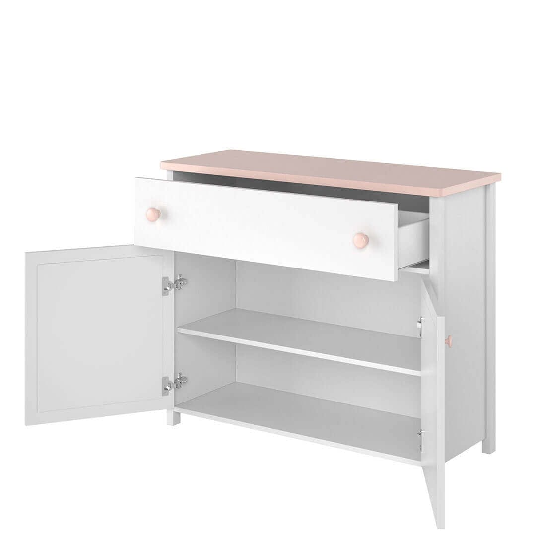 Comoda din pal, cu 2 usi si 1 sertar pentru copii si tineret, Luna 05 Alb / Roz, l110xA42xH90 cm (1)