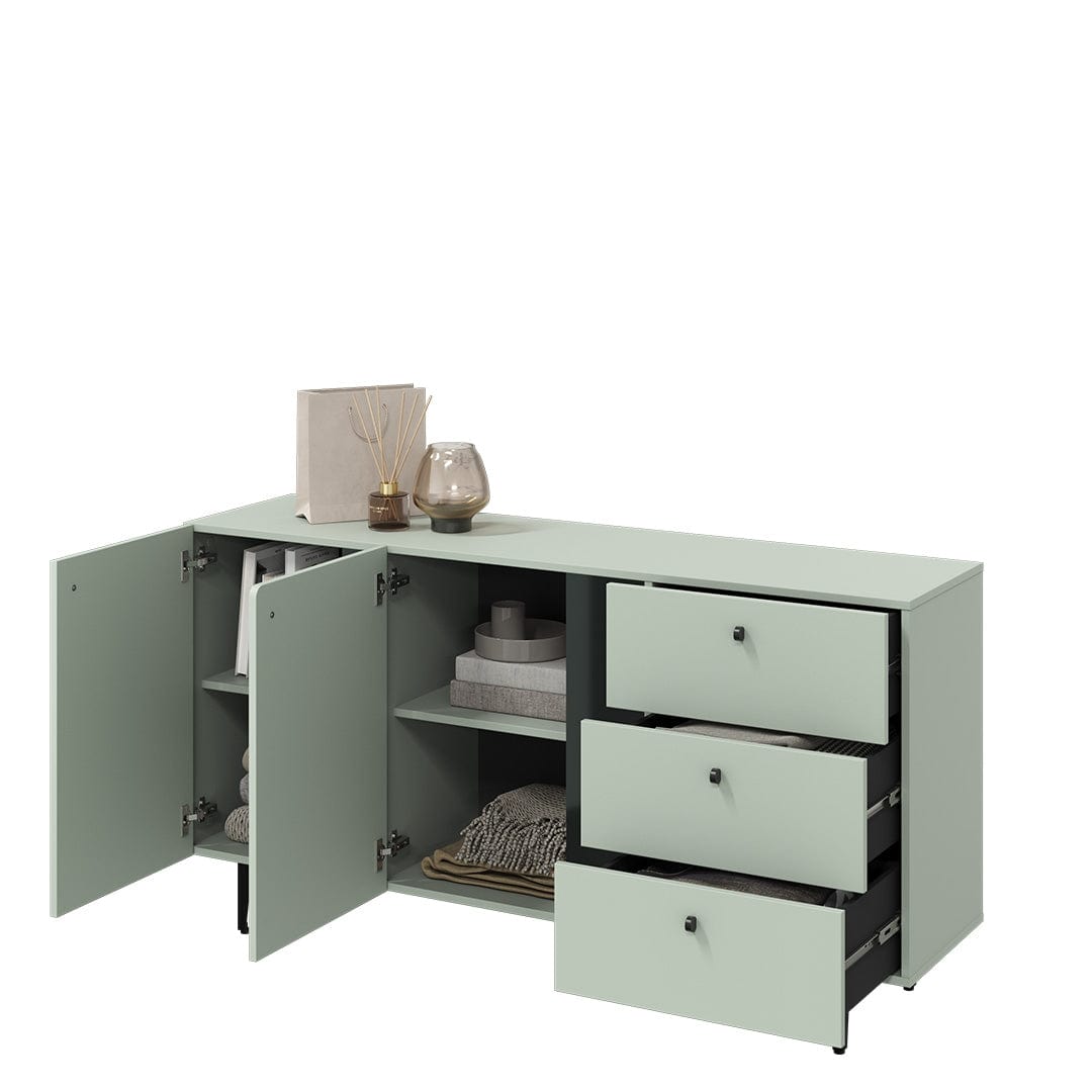 Comoda din pal cu 2 usi si 3 sertare, Colours Medium CS 02 Sage Mat / Negru, l160xA41xH84 cm (2)