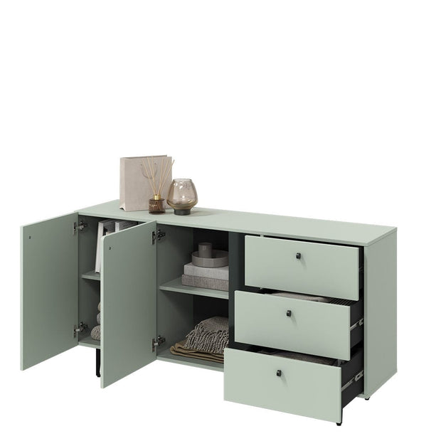 Comoda din pal cu 2 usi si 3 sertare, Colours Medium CS 02 Sage Mat / Negru, l160xA41xH84 cm (2)