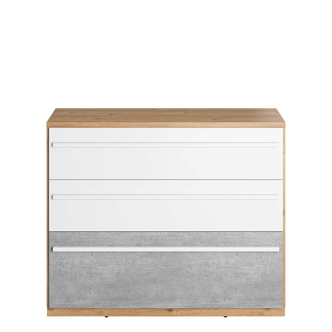 Comoda din pal, cu 3 sertare, pentru copii si tineret, Plano 07 Stejar / Gri / Alb, l110xA41xH88 cm (1)