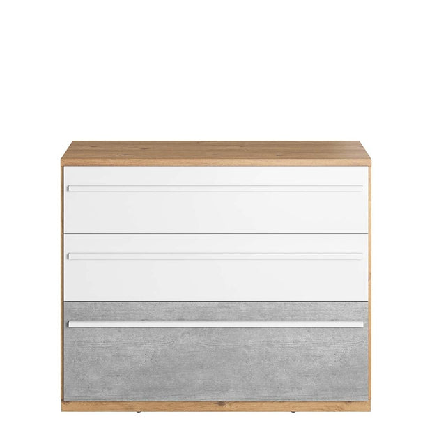 Comoda din pal, cu 3 sertare, pentru copii si tineret, Plano 07 Stejar / Gri / Alb, l110xA41xH88 cm (1)