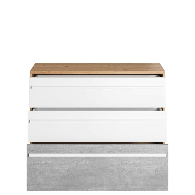 Comoda din pal, cu 3 sertare, pentru copii si tineret, Plano 07 Stejar / Gri / Alb, l110xA41xH88 cm (2)