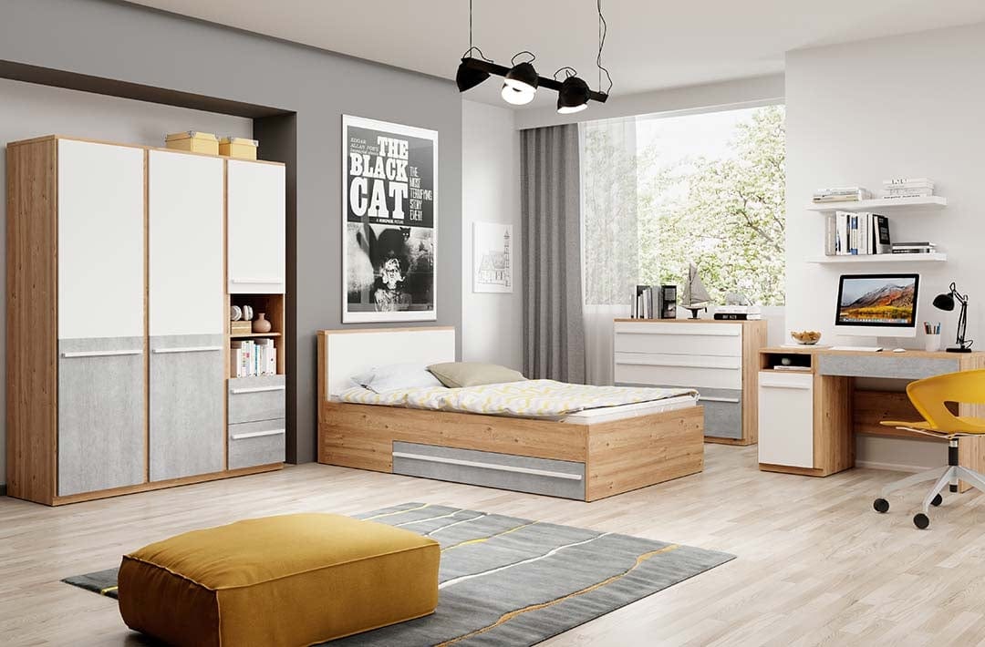 Comoda din pal, cu 3 sertare, pentru copii si tineret, Plano 07 Stejar / Gri / Alb, l110xA41xH88 cm (4)