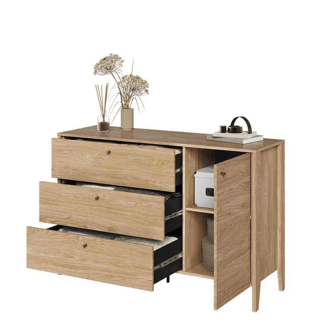 Lenart Comoda din pal, cu 3 sertare si 1 usa, Cozy CZ-04 Stejar, l136xA40xH91 cm