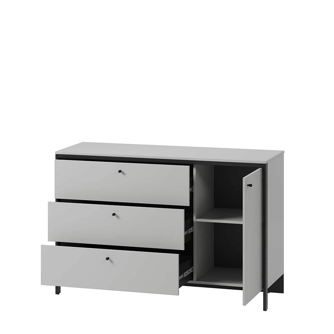 Lenart Comoda din pal si MDF, cu 3 sertare si 1 usa, cu LED inclus, Gris GS-04 Gri / Negru, l136xA49xH91 cm