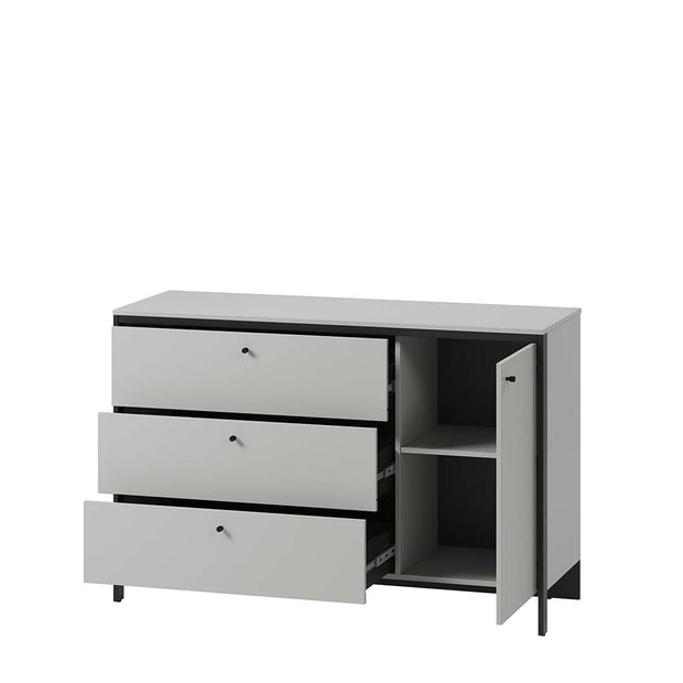 Lenart Comoda din pal si MDF, cu 3 sertare si 1 usa, cu LED inclus, Gris GS-04 Gri / Negru, l136xA49xH91 cm