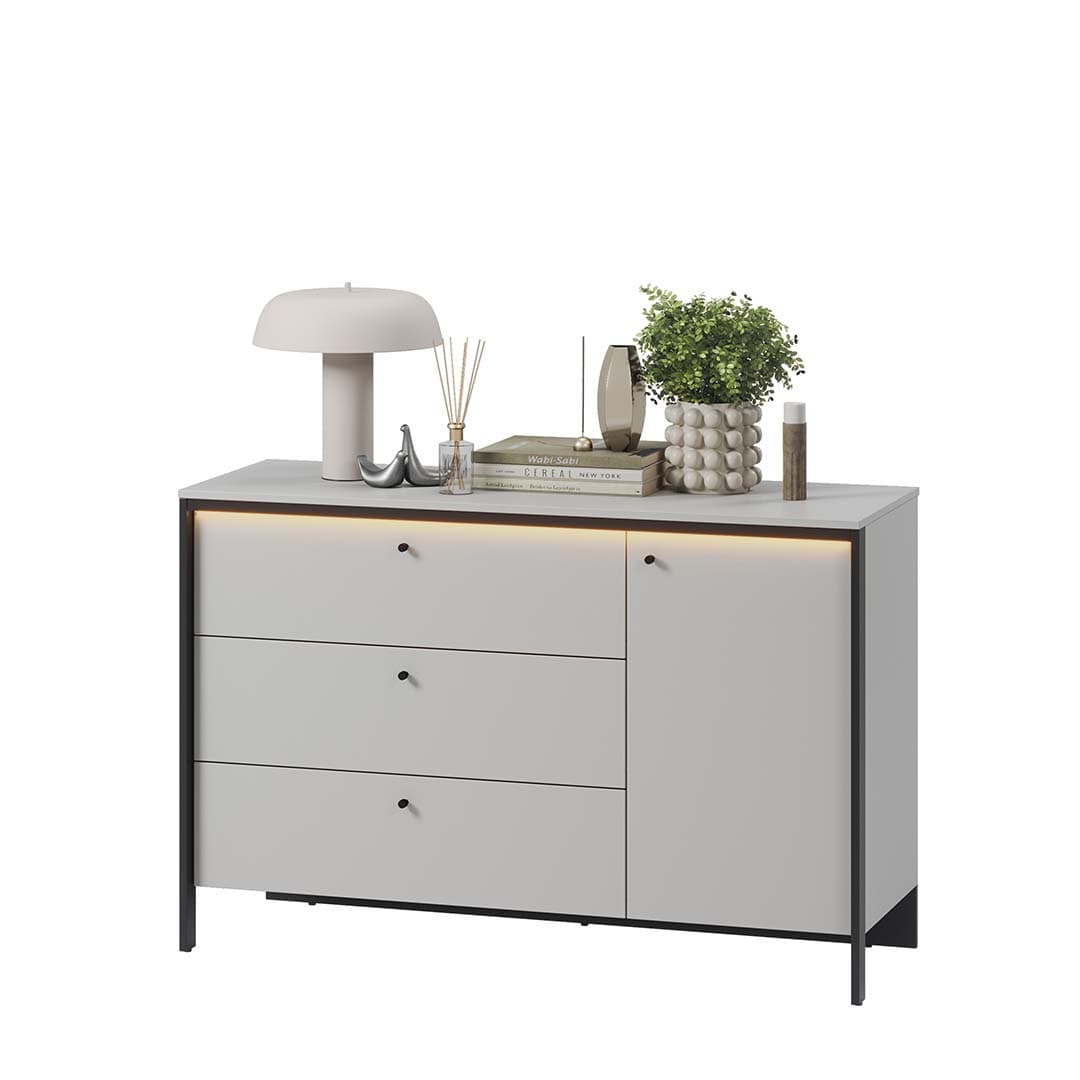 Lenart Comoda din pal si MDF, cu 3 sertare si 1 usa, cu LED inclus, Gris GS-04 Gri / Negru, l136xA49xH91 cm