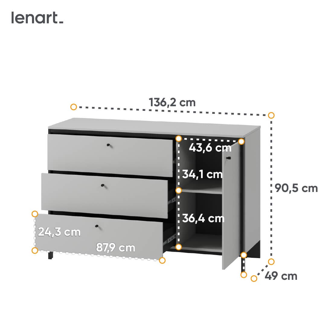 Lenart Comoda din pal si MDF, cu 3 sertare si 1 usa, cu LED inclus, Gris GS-04 Gri / Negru, l136xA49xH91 cm