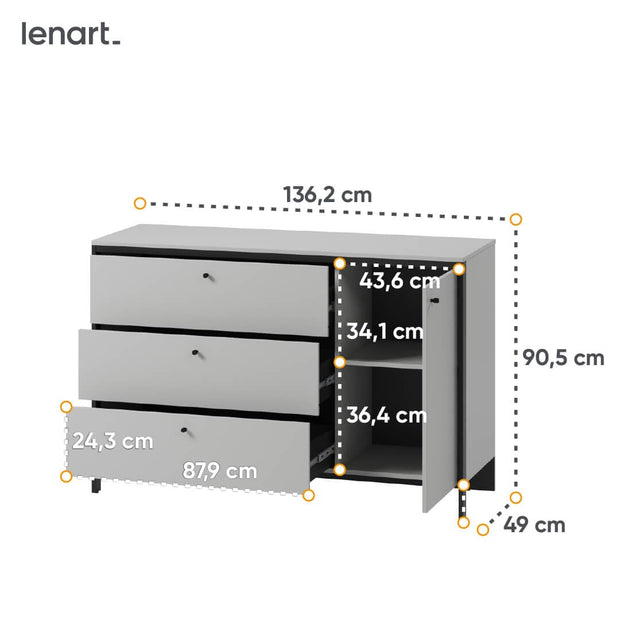 Lenart Comoda din pal si MDF, cu 3 sertare si 1 usa, cu LED inclus, Gris GS-04 Gri / Negru, l136xA49xH91 cm