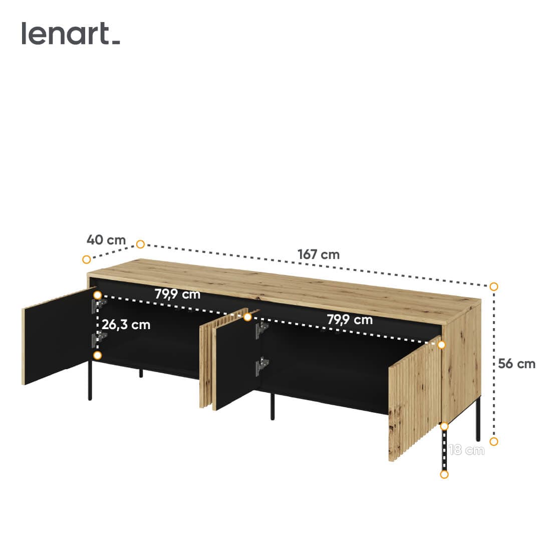 Lenart Comoda TV din MDF, pal si metal, cu 4 usi si LED inclus, Trend TR-05 Stejar Artisan / Negru, l167xA40xH56 cm