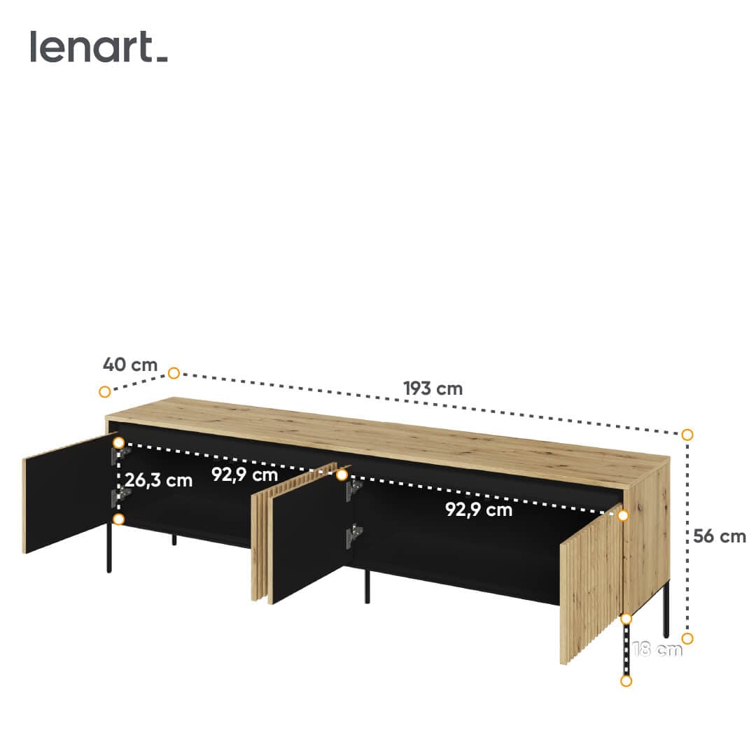 Lenart Comoda TV din MDF, pal si metal, cu 4 usi si LED inclus, Trend TR-06 Stejar Artisan / Negru, l193xA40xH56 cm