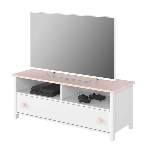 Comoda TV din pal, cu 1 sertar pentru copii si tineret Luna 13 Alb / Roz, l120xA42xH46 cm (1)