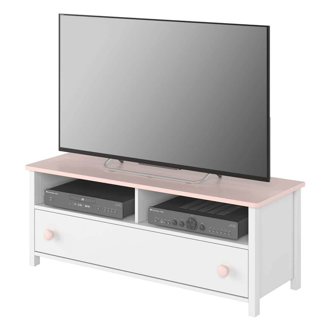 Comoda TV din pal, cu 1 sertar pentru copii si tineret Luna 13 Alb / Roz, l120xA42xH46 cm (2)
