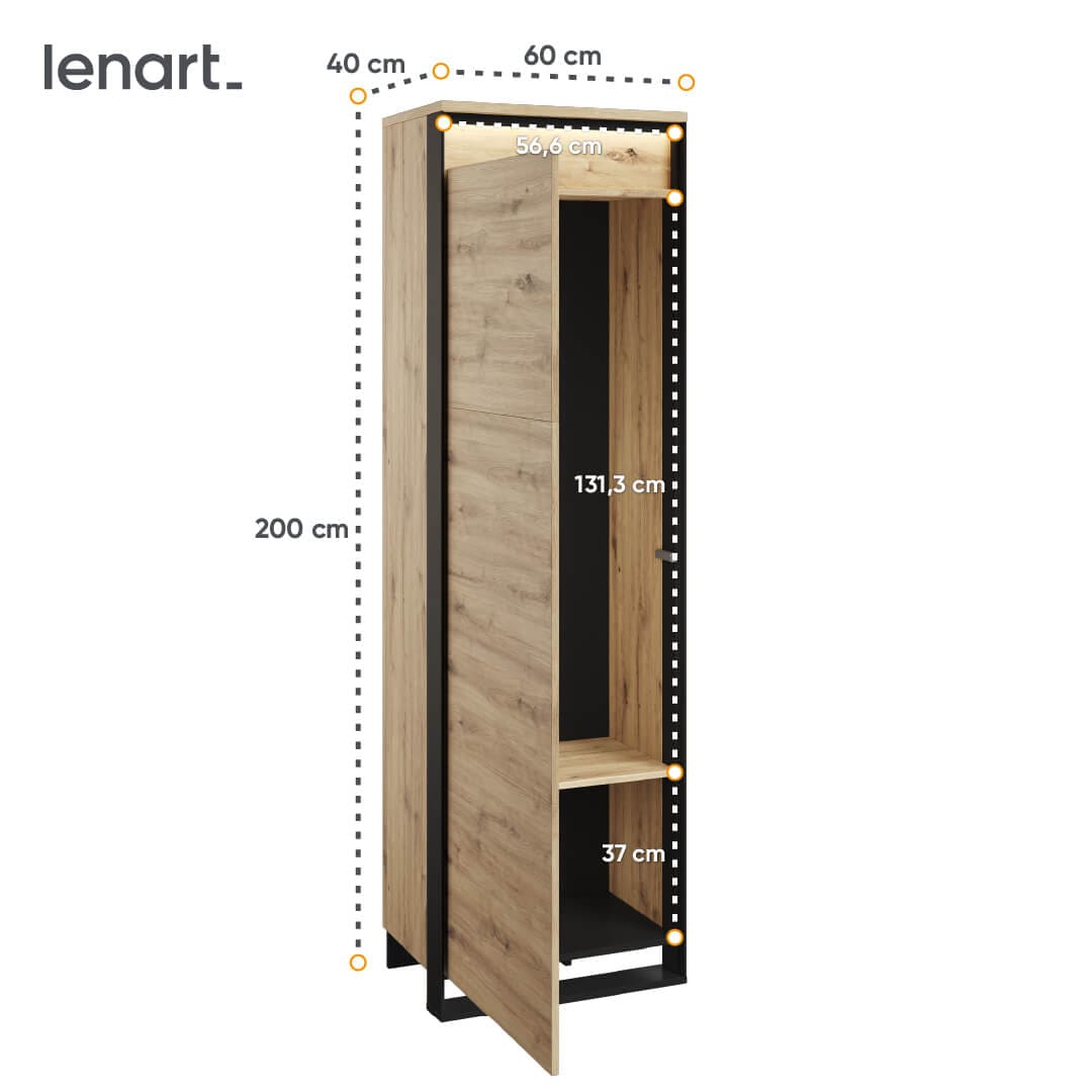 Lenart Dulap din pal, cu 1 usa si LED inclus, Quant QG-01 Stejar Artisan / Negru, l60xA40xH200 cm