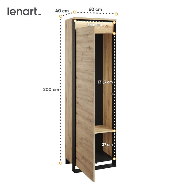 Lenart Dulap din pal, cu 1 usa si LED inclus, Quant QG-01 Stejar Artisan / Negru, l60xA40xH200 cm