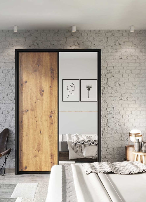 Lenart Dulap din pal, cu 2 usi glisante si oglinda Arti 21 Stejar Artisan / Negru, l160xA57xH218 cm