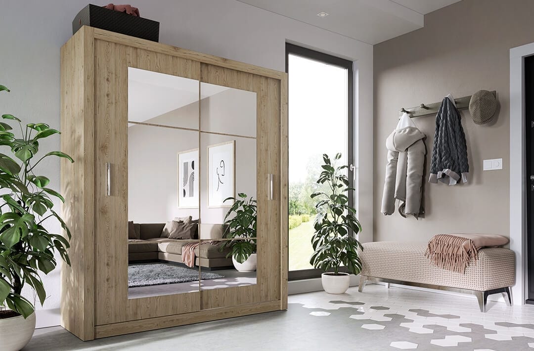 Lenart Dulap din pal cu 2 usi glisante si oglinda Idea 02 Square Stejar San Remo, l180xA60xH215 cm