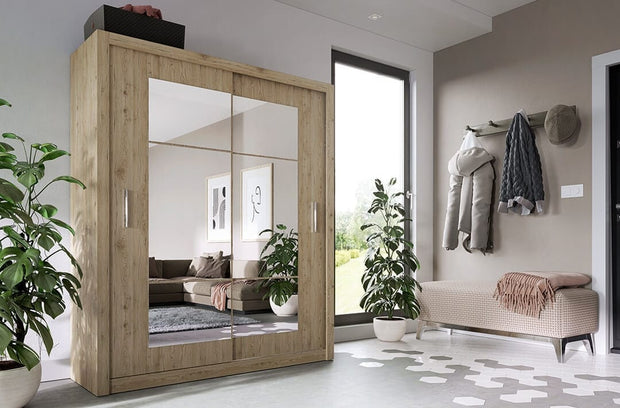 Lenart Dulap din pal cu 2 usi glisante si oglinda Idea 02 Square Stejar San Remo, l180xA60xH215 cm
