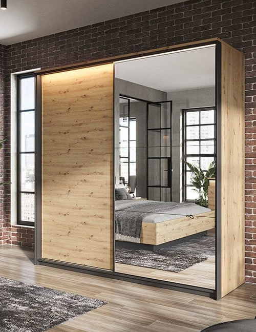 Lenart Dulap din pal, cu 2 usi glisante si oglinda Quant 01 Stejar Artisan / Negru, l220xA68xH221 cm