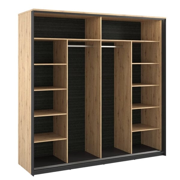 Lenart Dulap din pal, cu 2 usi glisante si oglinda Quant 01 Stejar Artisan / Negru, l220xA68xH221 cm