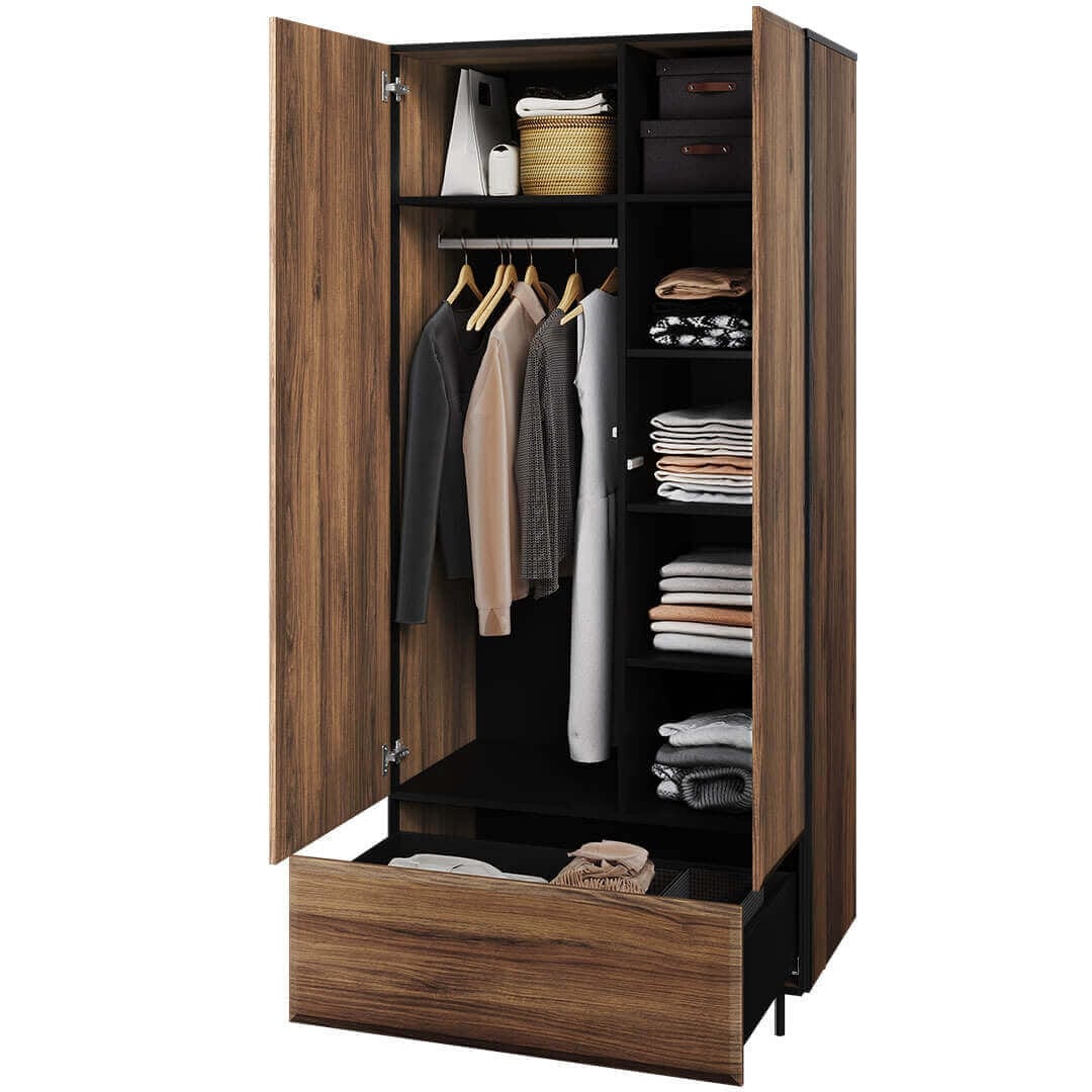 Lenart Dulap din pal, cu 2 usi si 1 sertar, Borga 01 Stejar Catania / Negru, l90xA51xH197 cm