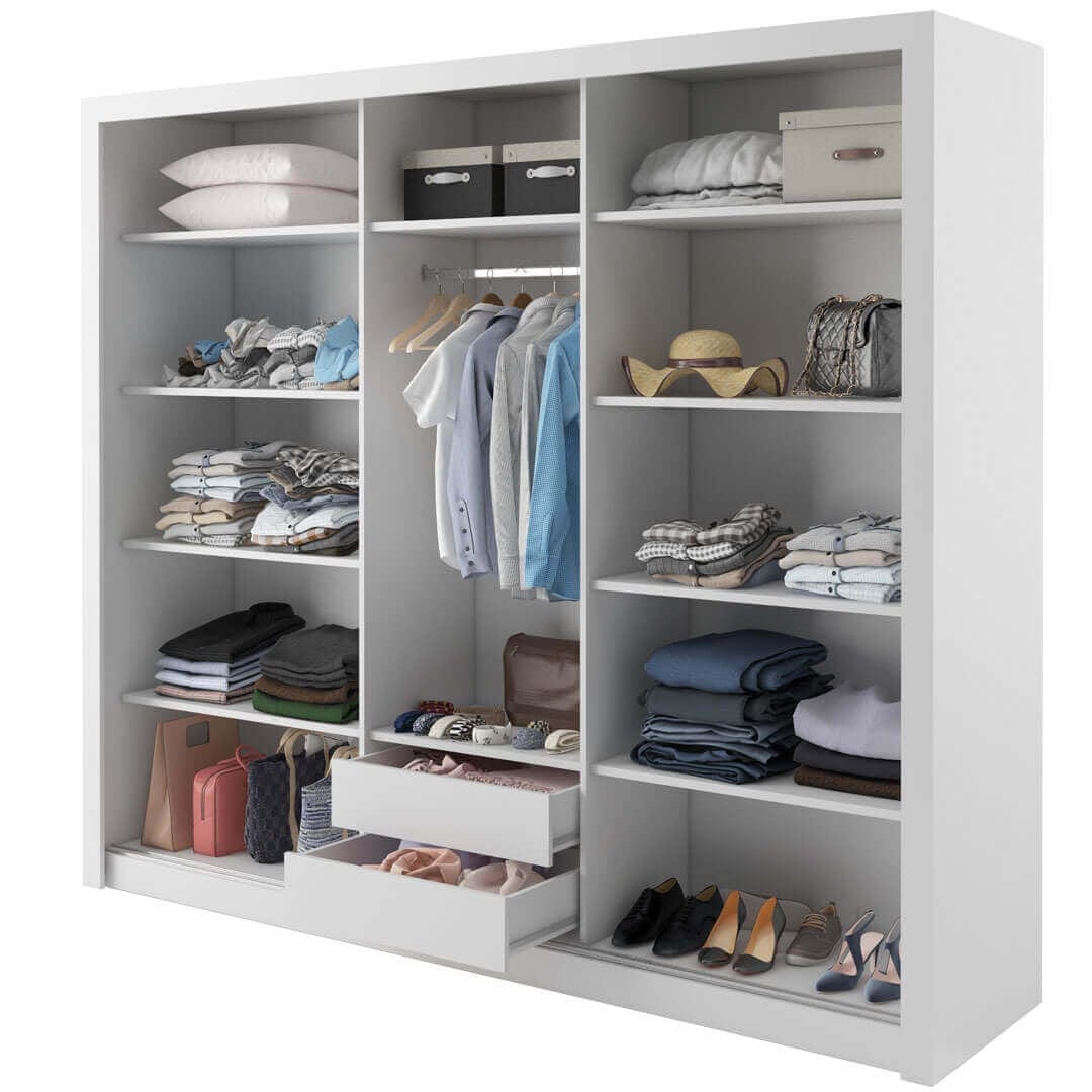 Lenart Dulap din pal cu 3 usi glisante si oglinda Idea 11 Alb Mat, l250xA60xH215 cm