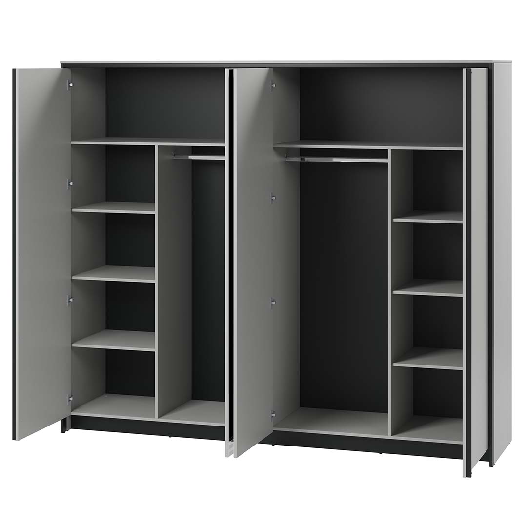 Lenart Dulap din pal, cu 4 usi glisante si oglinda, Gris GS-01 Gri / Negru, l250xA63xH215 cm