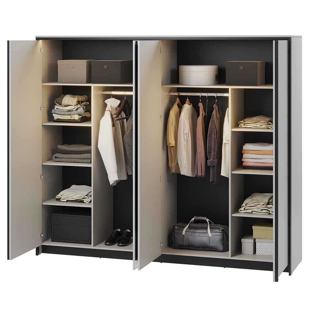Lenart Dulap din pal, cu 4 usi glisante si oglinda, Gris GS-01 Gri / Negru, l250xA63xH215 cm