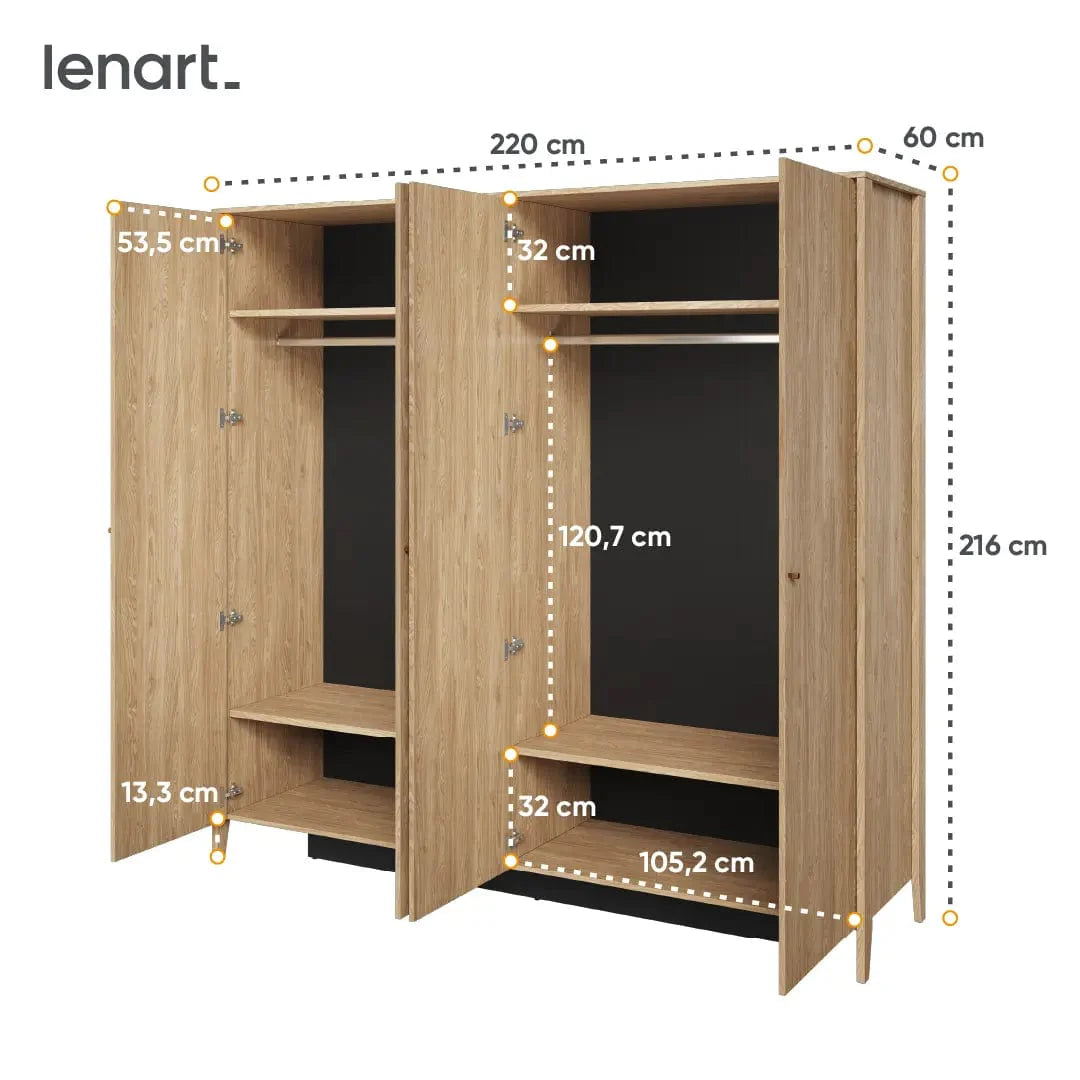 Lenart Dulap din pal, cu 4 usi si oglinda, Cozy CZ-01 Stejar, l220xA63xH216 cm