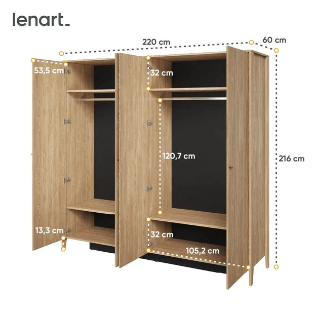 Lenart Dulap din pal, cu 4 usi si oglinda, Cozy CZ-01 Stejar, l220xA63xH216 cm