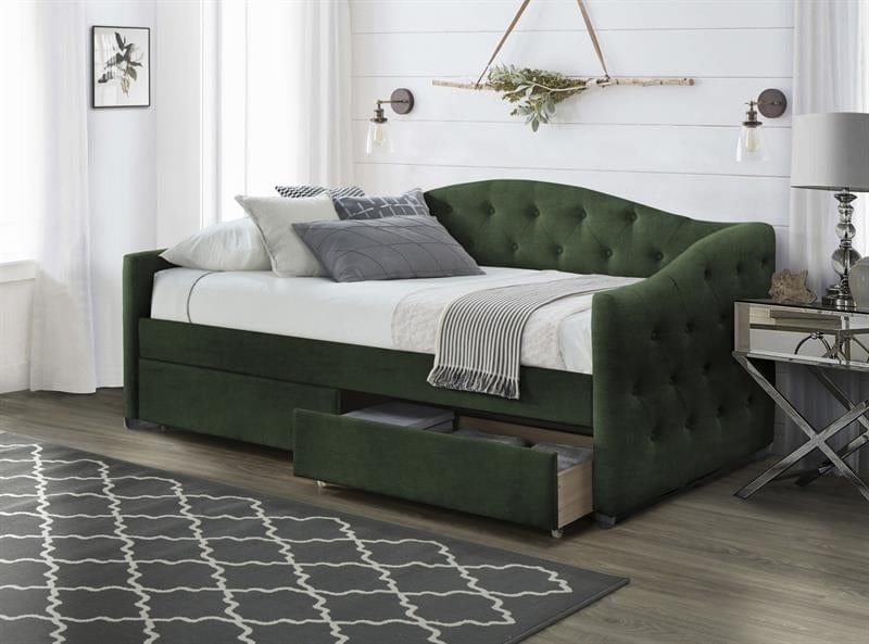 Pat / Divan tapitat cu stofa si 2 sertare Alohari Verde inchis, 200 x 90 cm (1)