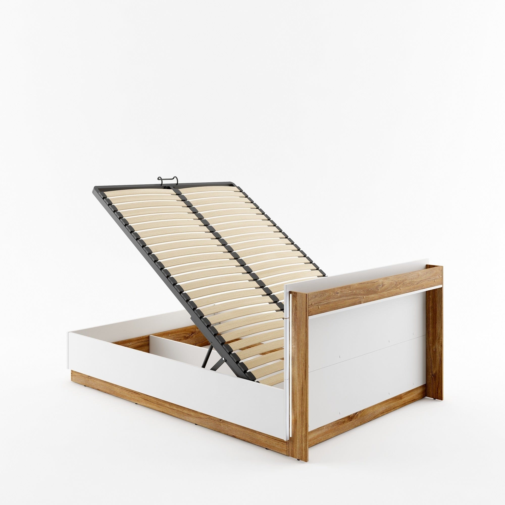 Lenart Pat rabatabil cu lada de depozitare, din pal, Dentro 02 Alb Mat / Stejar, 200 x 140 cm