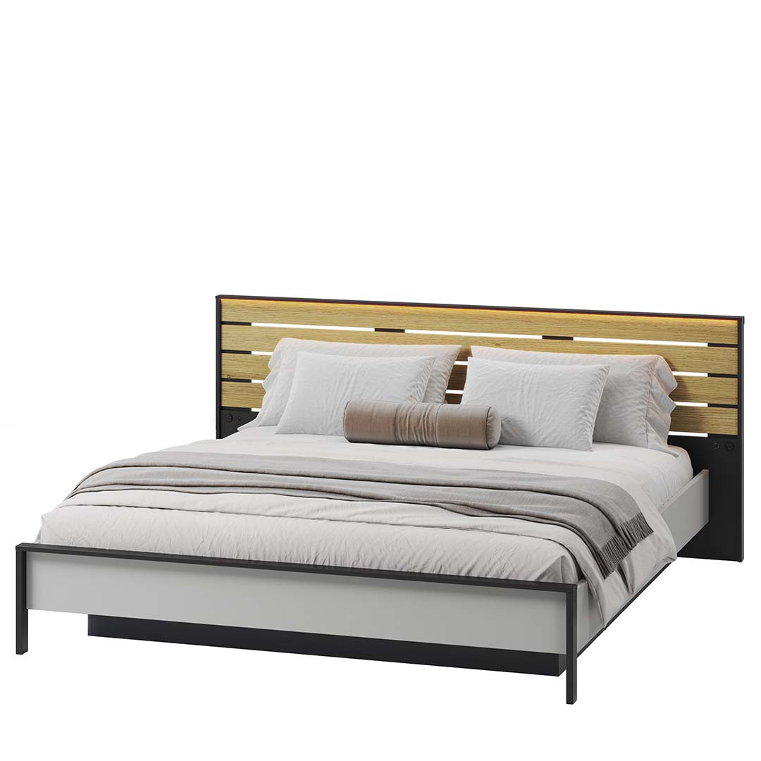 Lenart Pat rabatabil cu lada de depozitare, din pal si MDF, cu LED inclus, Gris GS-02 Gri / Negru / Stejar, 180 x 200 cm