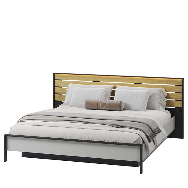 Lenart Pat rabatabil cu lada de depozitare, din pal si MDF, cu LED inclus, Gris GS-02 Gri / Negru / Stejar, 180 x 200 cm