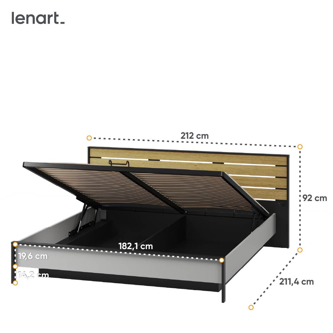 Lenart Pat rabatabil cu lada de depozitare, din pal si MDF, cu LED inclus, Gris GS-02 Gri / Negru / Stejar, 180 x 200 cm