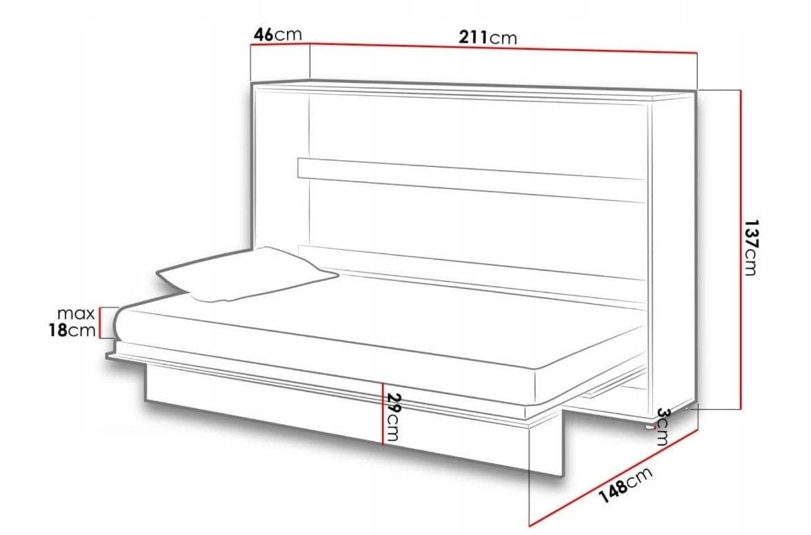 Lenart Pat rabatabil pe perete, cu mecanism pneumatic si somiera inclusa, Bed Concept Horizontal Alb Lucios, 200 x 120 cm