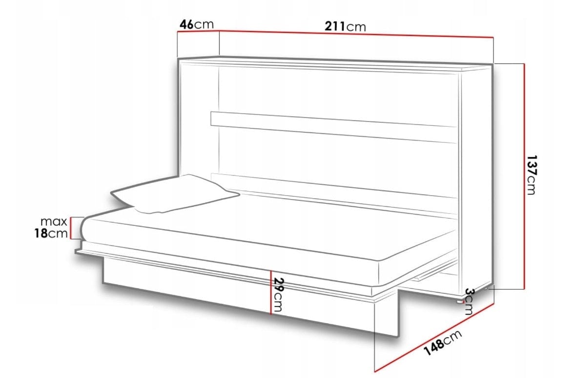 Lenart Pat rabatabil pe perete, cu mecanism pneumatic si somiera inclusa, Bed Concept Horizontal Alb Mat, 200 x 120 cm